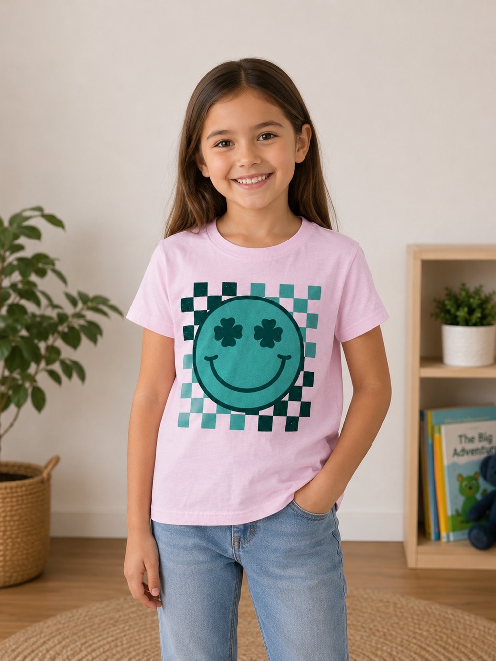 Tultex Pink Tee with Green Checker Smiley